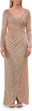 La Femme Long Sleeve Sequin Evening Dress with Ruching