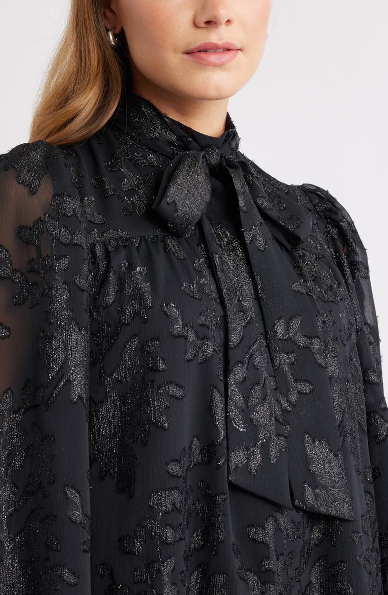 Treasure & Bond Metallic Floral Jacquard Long Sleeve Shift Minidress, Alternate, color, Black