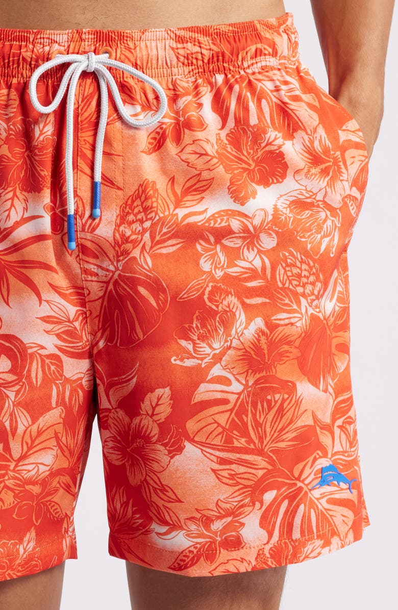 Tommy Bahama Naples Ocean Escape Floral Performance Swim Trunks, Alternate, color, Orange Candy