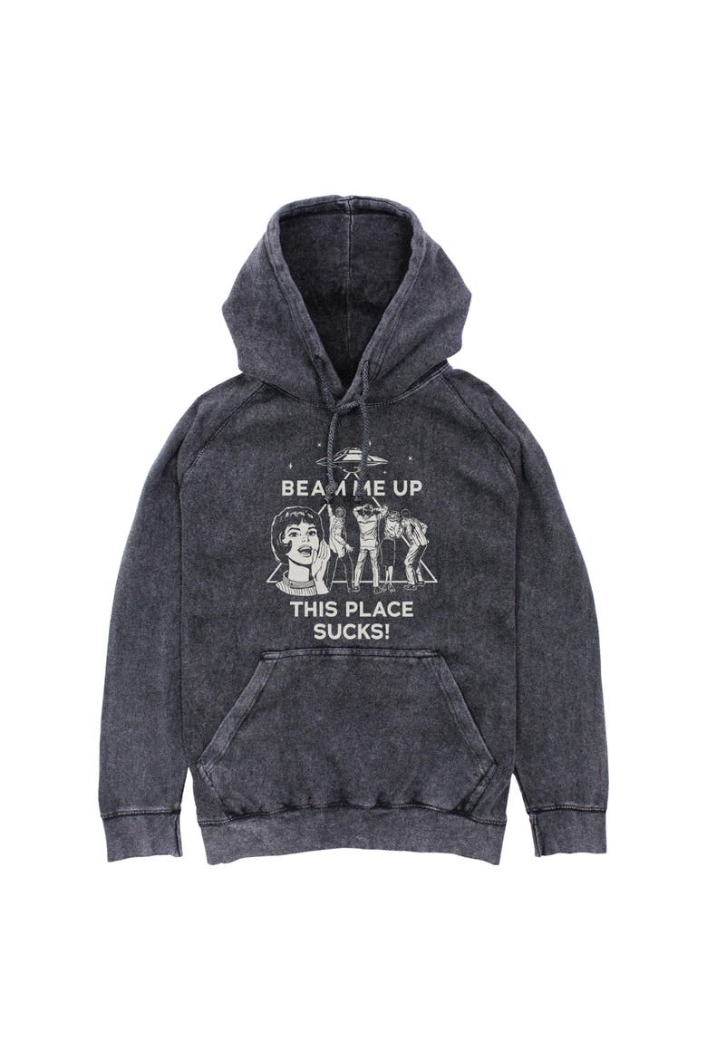 Men's Stranger Things Vintage This Place Sucks UFO  Pull Over Hoodie, Main, color, Black