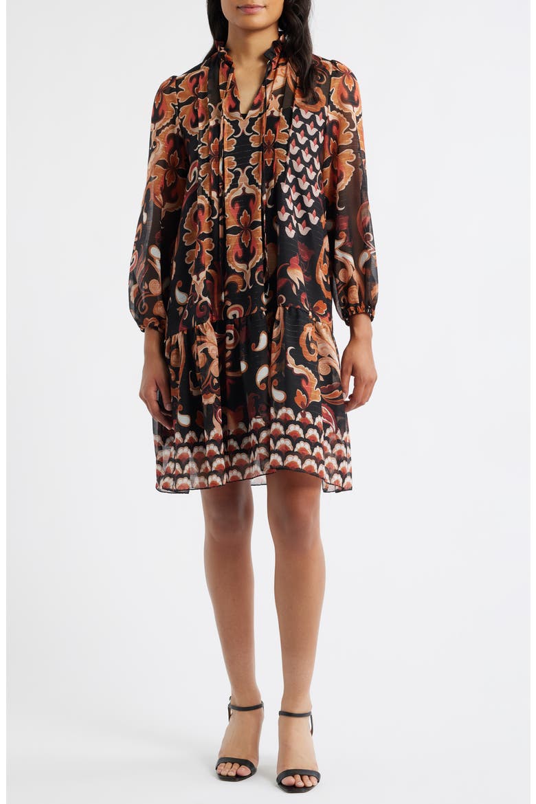 Long Sleeve Chiffon Shift Dress, Main, color, BLACK ORANGE