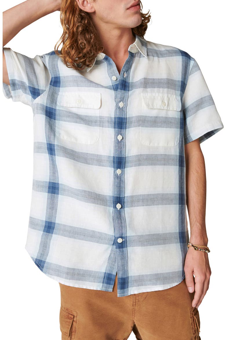 Plaid Notch Collar Button-Up Shirt, Main, color, BLUE