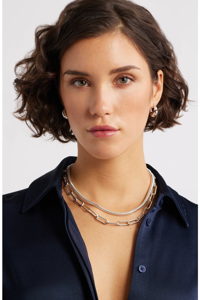 Set of 2 Snake Chain & Paper Clip Link Necklaces, Alternate, color, SILVER