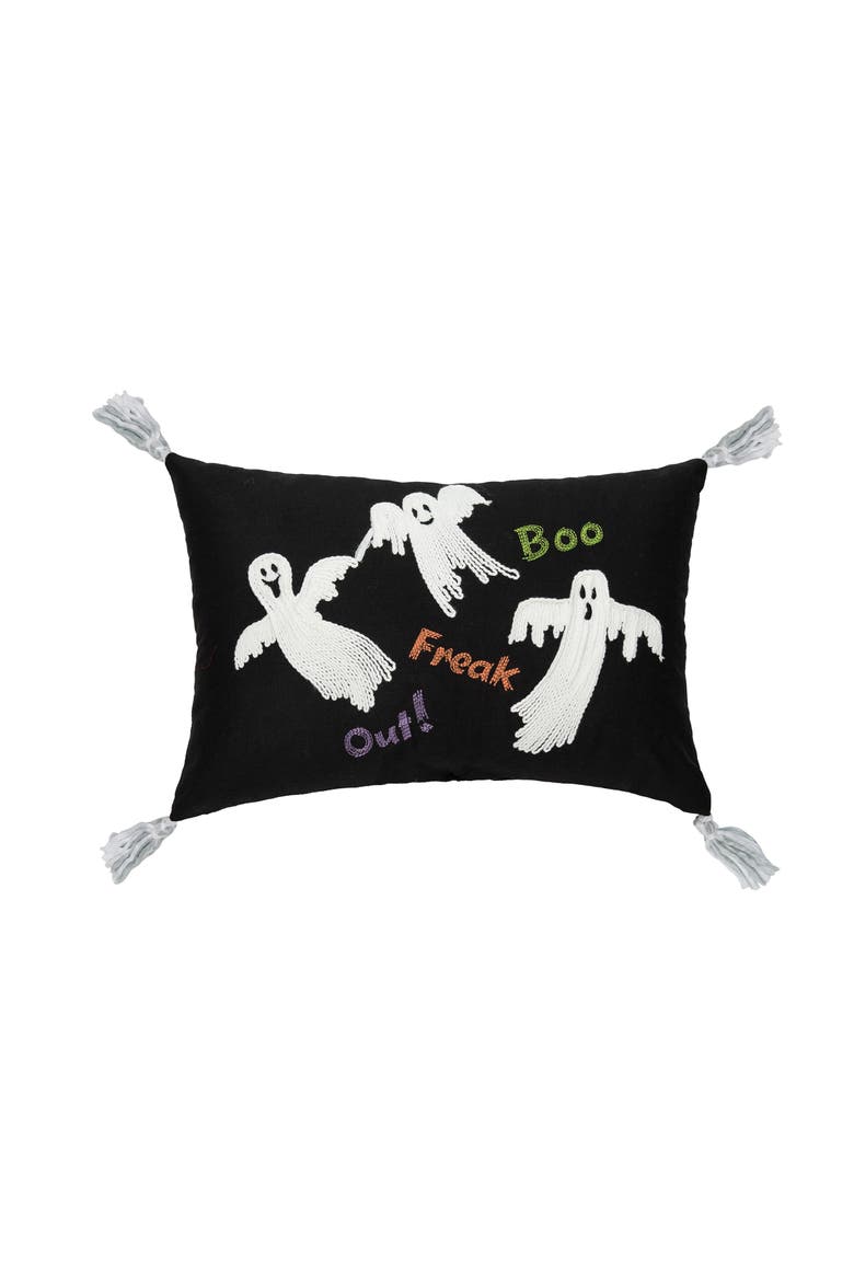 "Boo! Freak Out!" Flyi Ghosts Halloween Accent Pillow 13" x 20" w/ White Tassels, Main, color, Black