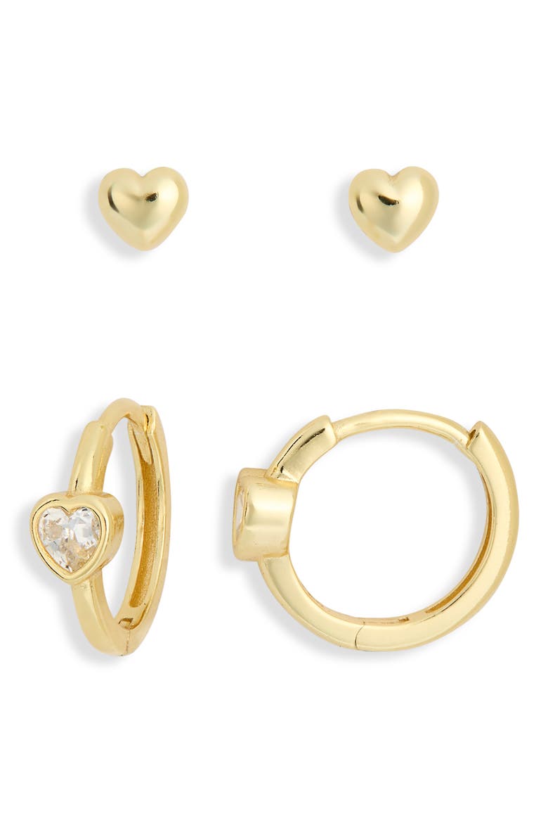 Set of 2 Heart Stud & Cubic Zirconia Heart Huggie Hoop Earrings, Alternate, color, GOLD