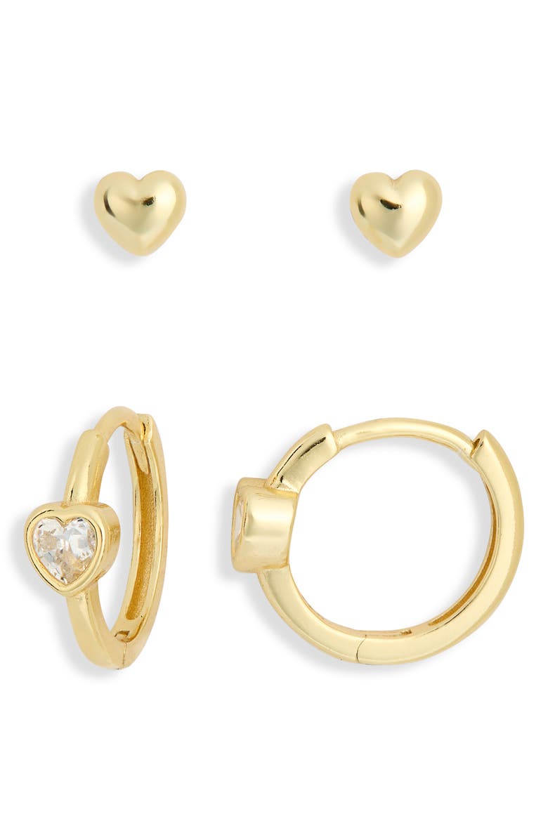 ARGENTO VIVO Set of 2 Heart Stud & Cubic Zirconia Heart Huggie Hoop Earrings, Alternate, color, Gold