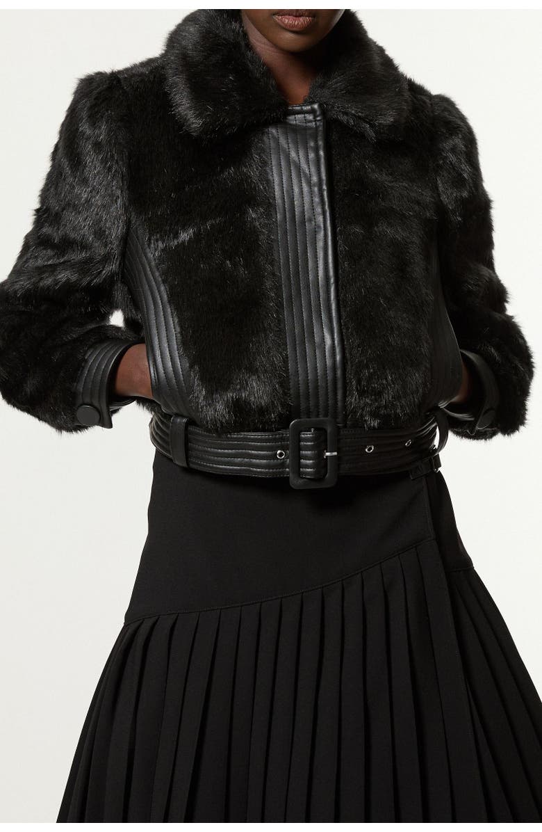 Karen Millen Faux Fur Pu Panel Belted Cropped Jacket, Alternate, color, Black