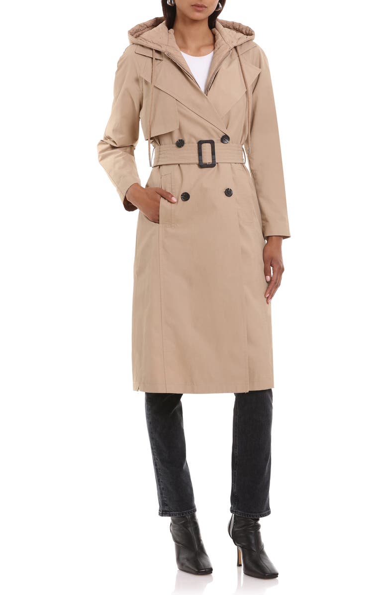 Avec Les Filles Hooded Belted Water Resistant Rain Coat, Alternate, color, Khaki