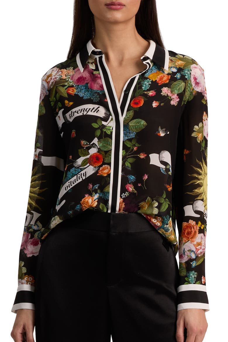 Willa Printed Silk Button-Up Shirt, Main, color, SOLAR STRENGTH BLACK