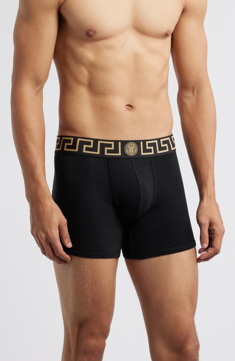 Versace 2-Pack Greca Border Stretch Cotton Boxer Briefs, Main, color, Black Gold Greek Key