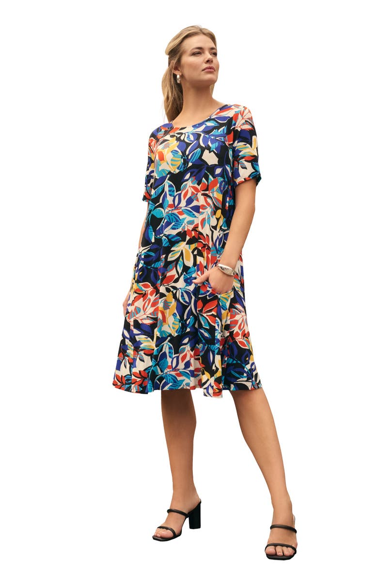 Jessica London Stretch Knit A-Line Dress, Main, color, Multi Graphic Leaves
