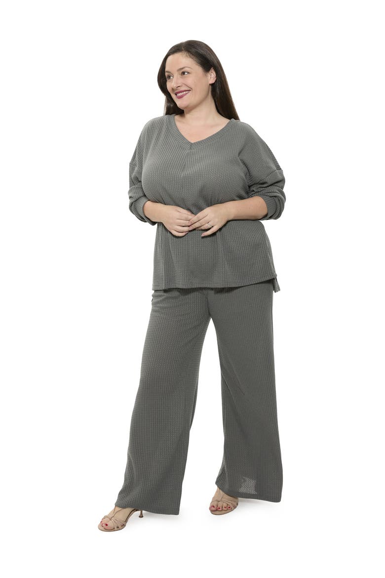 Plus Size V Neck Long Sleeve Soft Waffle Knit Top and Pant Set, Alternate, color, Grey