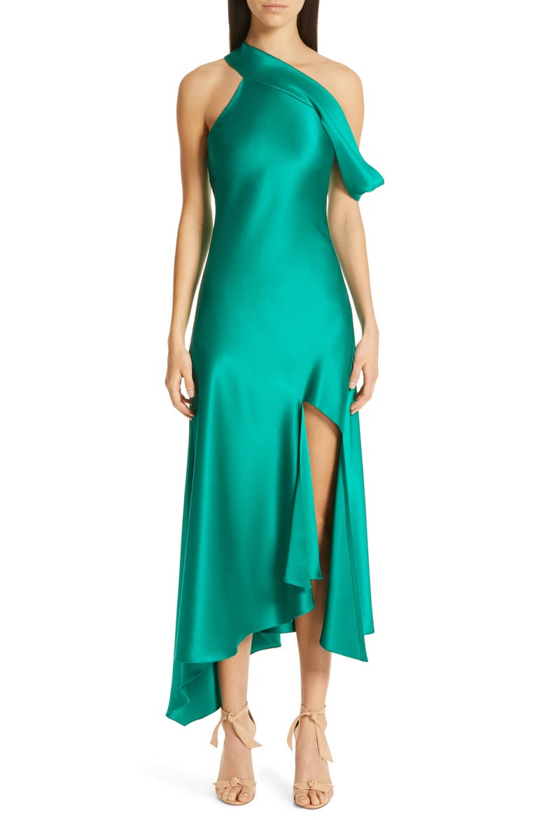One-Shoulder Silk Satin Slipdress, Alternate, color, JADE