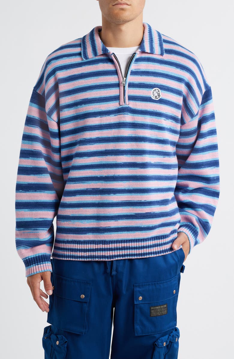 Billionaire Boys Club Curve Stripe Cotton Quarter Zip Graphic Sweater, Main, color, Navy Peony