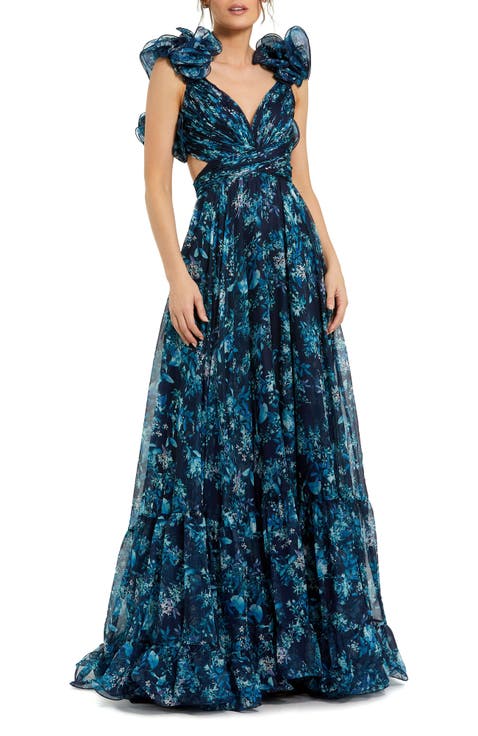 Tiered Floral Cut-Out Chiffon Gown