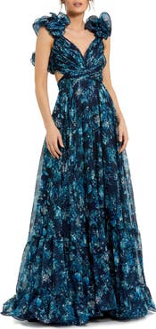 Mac Duggal Tiered Floral Cut-Out Chiffon Gown