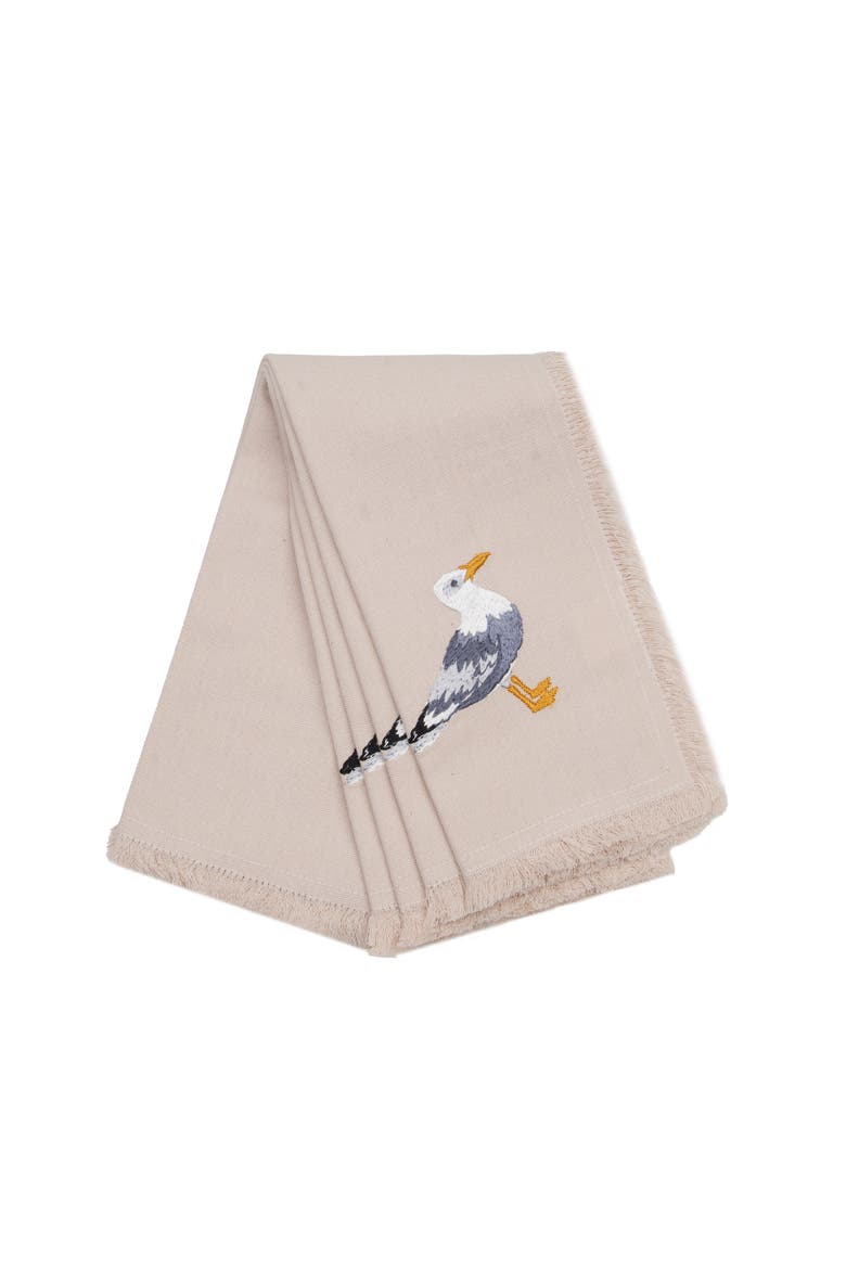 Seagull Beige Cream 100% Cotton Embroidered Set of 4 Fringe Cloth Napkins, Main, color, Beige