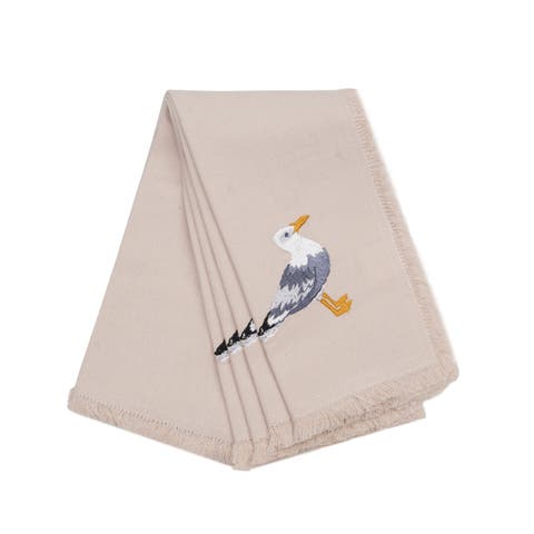 Seagull Beige Cream 100% Cotton Embroidered Set of 4 Fringe Cloth Napkins