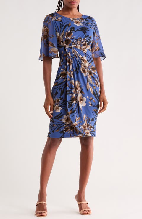 Floral Flutter Sleeve Faux Wrap Dress
