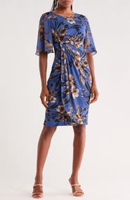 Connected Apparel Floral Flutter Sleeve Faux Wrap Dress