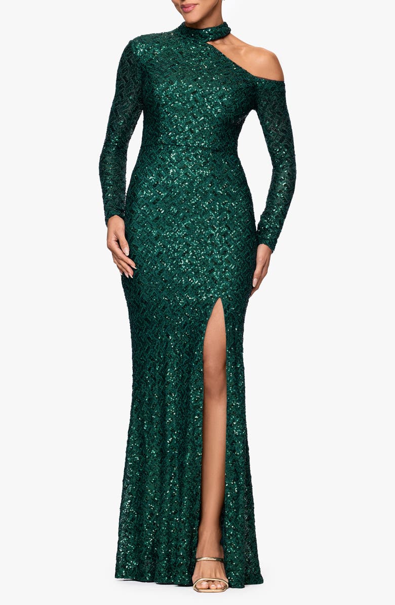 Xscape Evenings Sequin Cutout Long Sleeve Mermaid Gown, Main, color, Pine