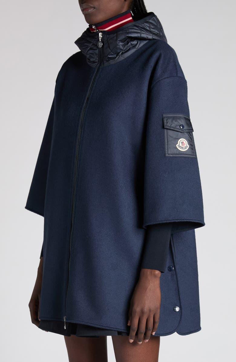 Moncler Wool Blend Felt Hooded Cape, Alternate, color, Navy