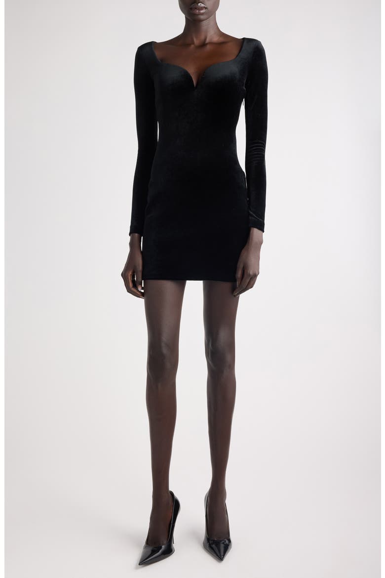Sweetheart Long Sleeve Velvet Minidress, Main, color, 1000 BLACK