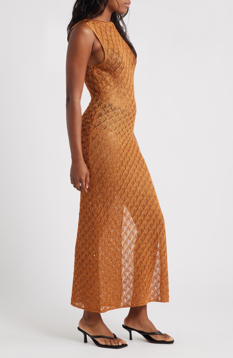 Topshop Sequin Metallic Knit Scoop Back Midi Dress, Alternate, color, Orange