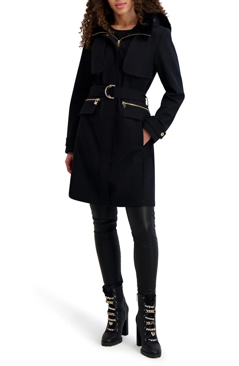 KARL LAGERFELD Water Resistant Soft Shell Coat with Removable Faux Fur Trim, Main, color, Black