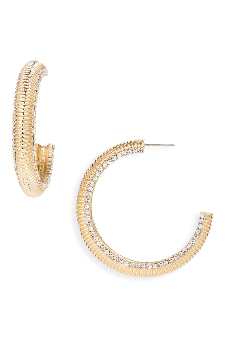 Pavé Crystal Ridged Hoop Earrings, Main, color, GOLD