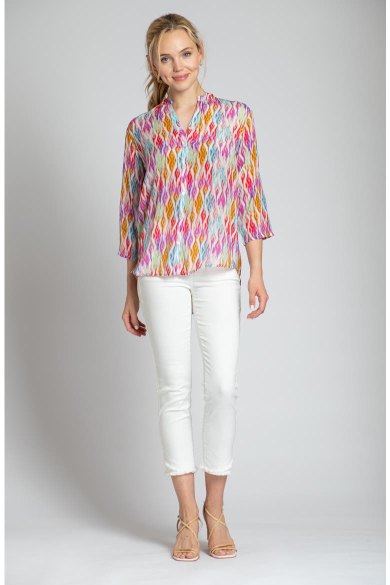 Print Mandarin Collar Chiffon Button-Up Top, Alternate, color, ORANGE MULTI