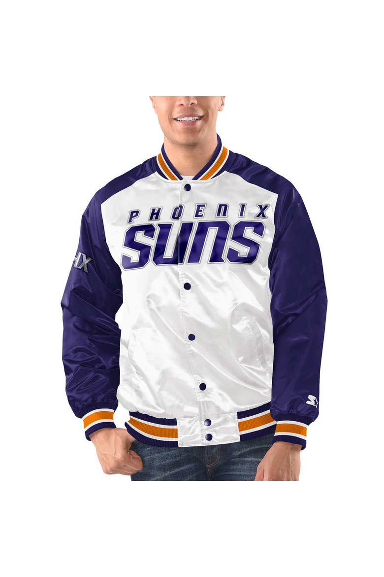 Men's Starter White/Purple Phoenix Suns Renegade Satin Full-Snap Varsity Jacket, Main, color, White