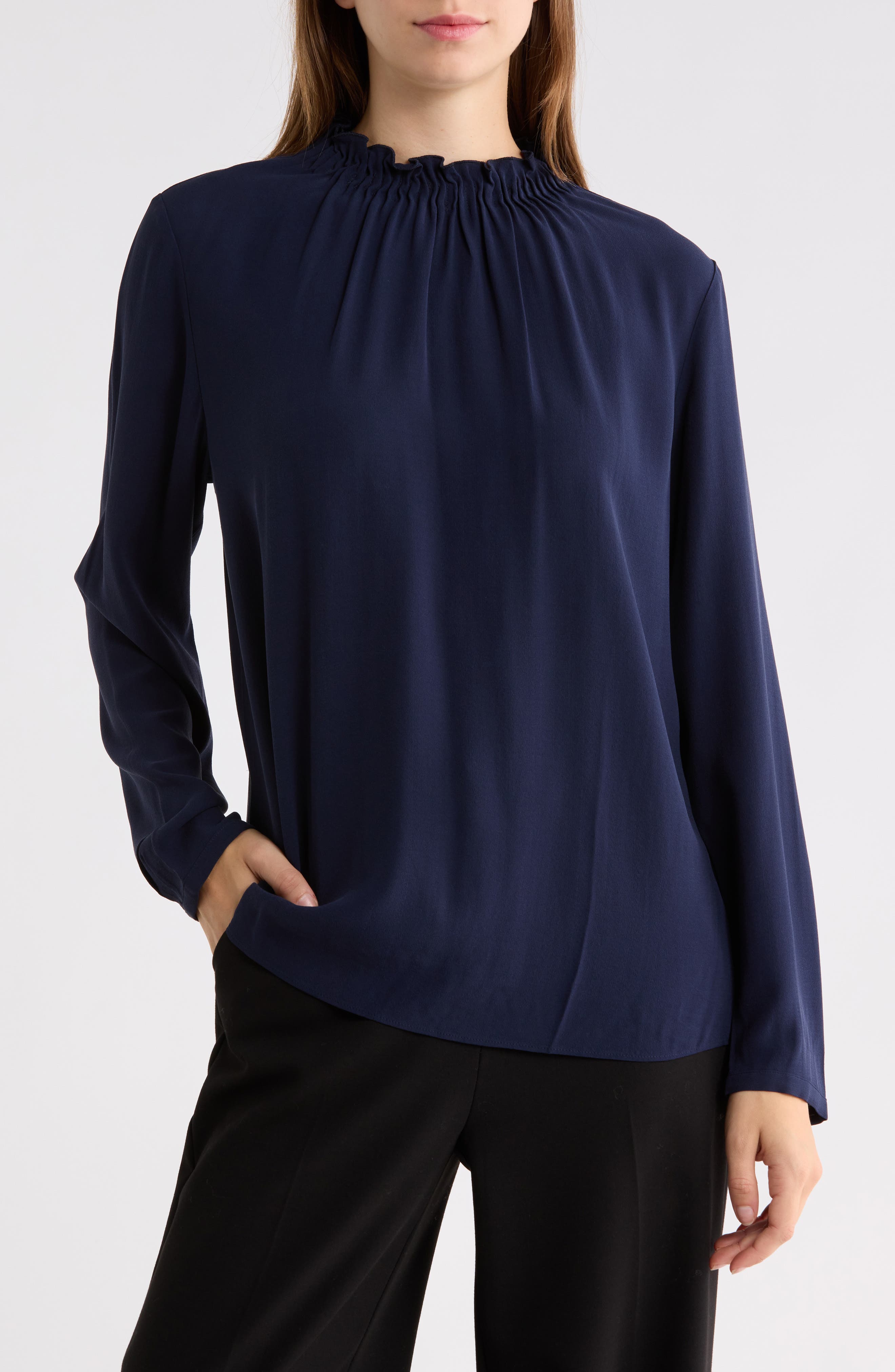Gathered High Neck Silk Top