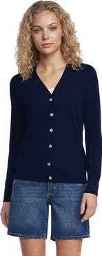 Lands' End Double Trim Cotton V Neck Cardigan Sweater