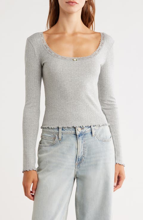 Long Sleeve Square Neck Pointelle Top
