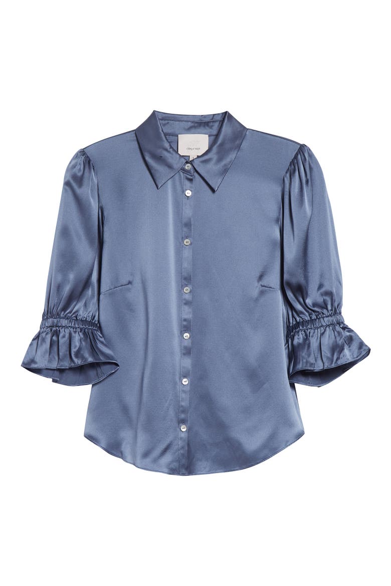 Fiona Ruffle Cuff Silk Button-Up Shirt, Alternate, color, IRIS SLATE