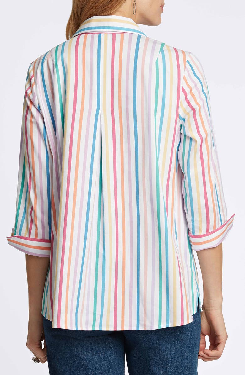 Foxcroft Agnes Rainbow Stripe Three-Quarter Sleeve Cotton Popover Top, Alternate, color, 