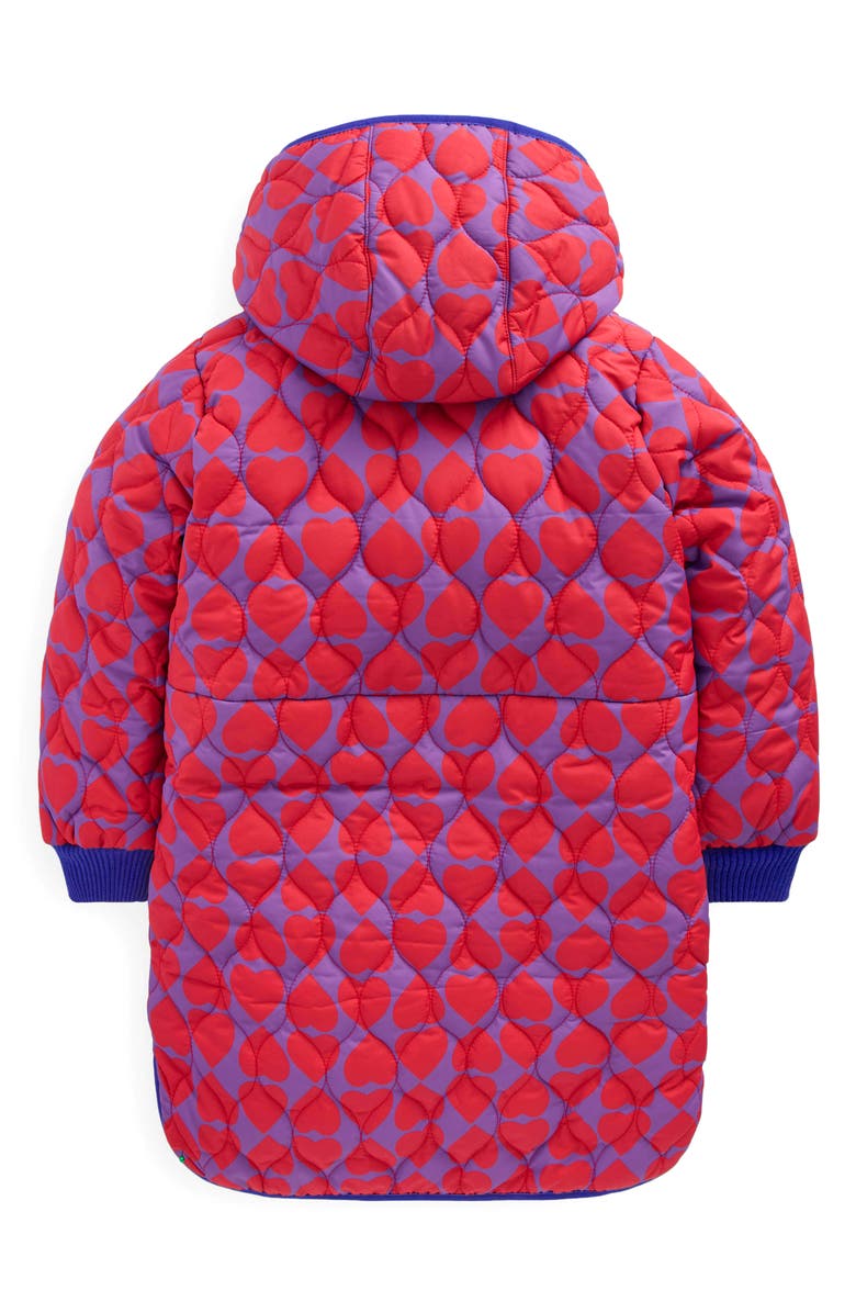 Mini Boden Kids' Cozy Water Repellent Quilted Longline Coat, Alternate, color, Purple Heart Print