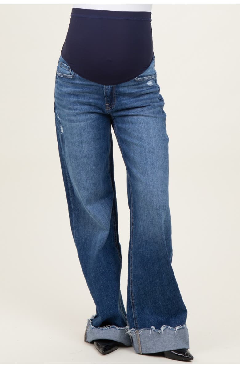 PinkBlush Distressed Cuffed Baggy Wide Leg Maternity Jeans, Main, color, Navy Blue