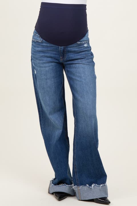 Distressed Cuffed Baggy Wide Leg Maternity Jeans