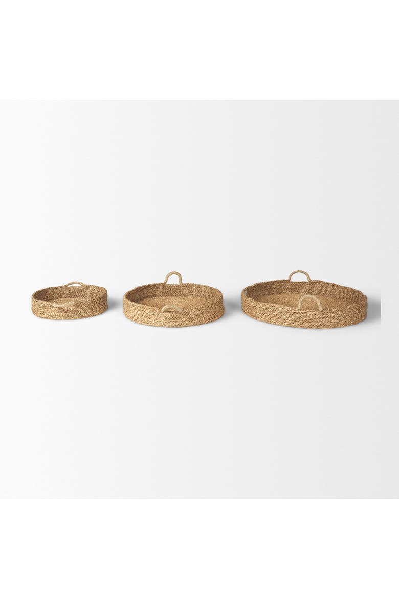 Ulana Set of 3 Round Nesting Seagrass Trays w/ Handles, Alternate, color, Brown