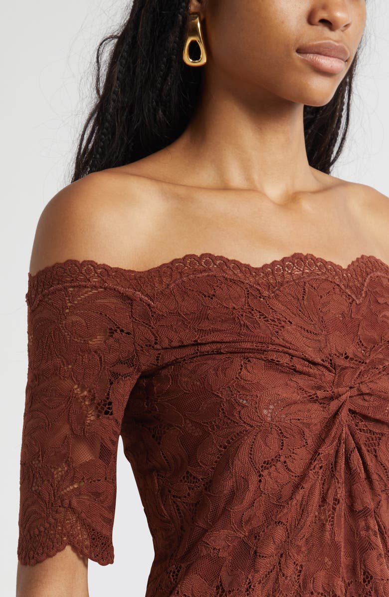 Rabanne Twist Front Off the Shoulder Lace Midi Dress, Alternate, color, Cinamon Brown