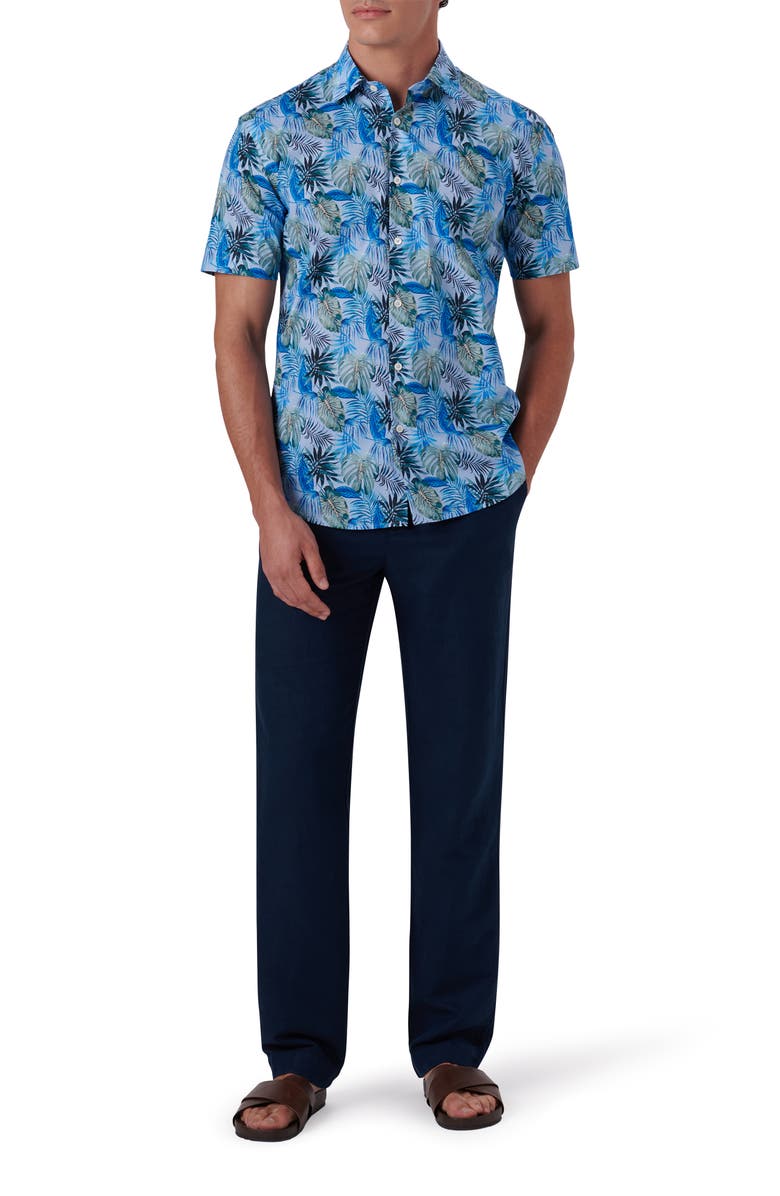 Bugatchi Shaped Fit Print Stretch Cotton Short Sleeve Button-Up Shirt, Alternate, color, Sky
