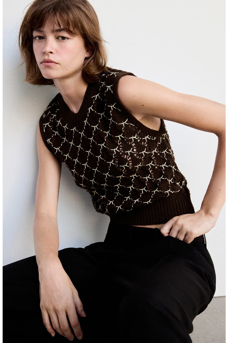 Contrast Crochet Sweater Vest, Alternate, color, BROWN