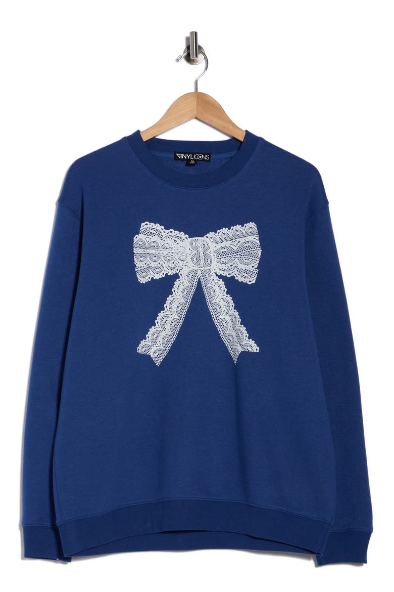 Lace Bow Fleece Crewneck Sweatshirt, Alternate, color, NAVY