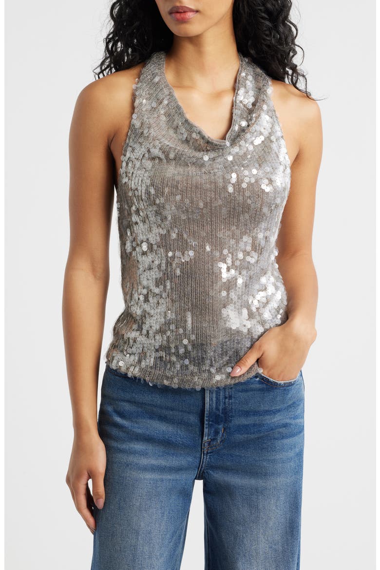 Sleeveless Sequin Halter Top, Main, color, SILVER