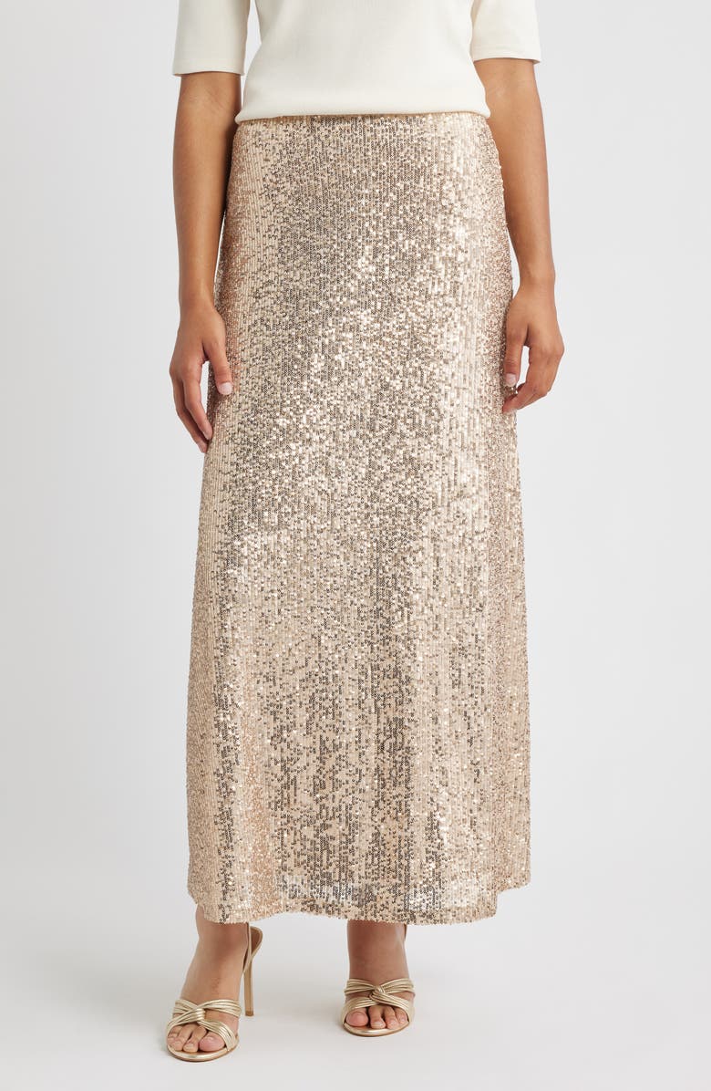 Anne Klein Pull-On Sequin Maxi Skirt, Main, color, Luxe Champagne