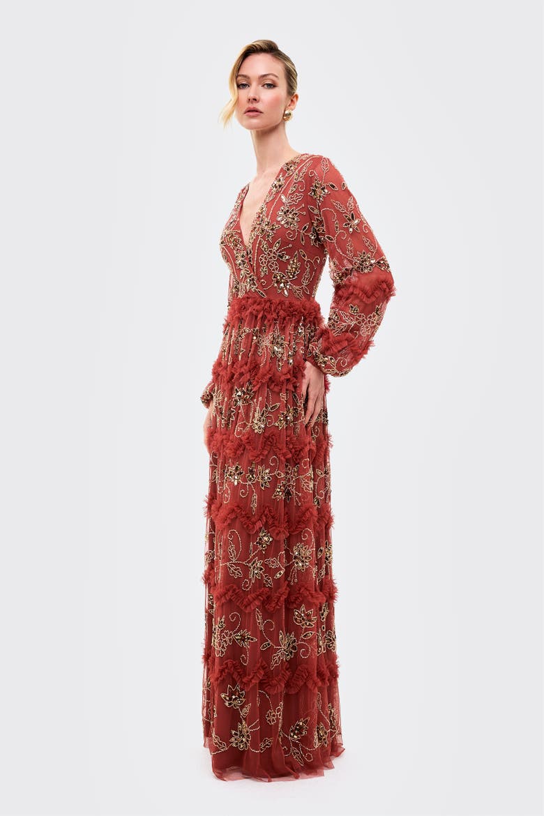 Embellished Sequins Maxi Ruffle Dress, Alternate, color, RUST
