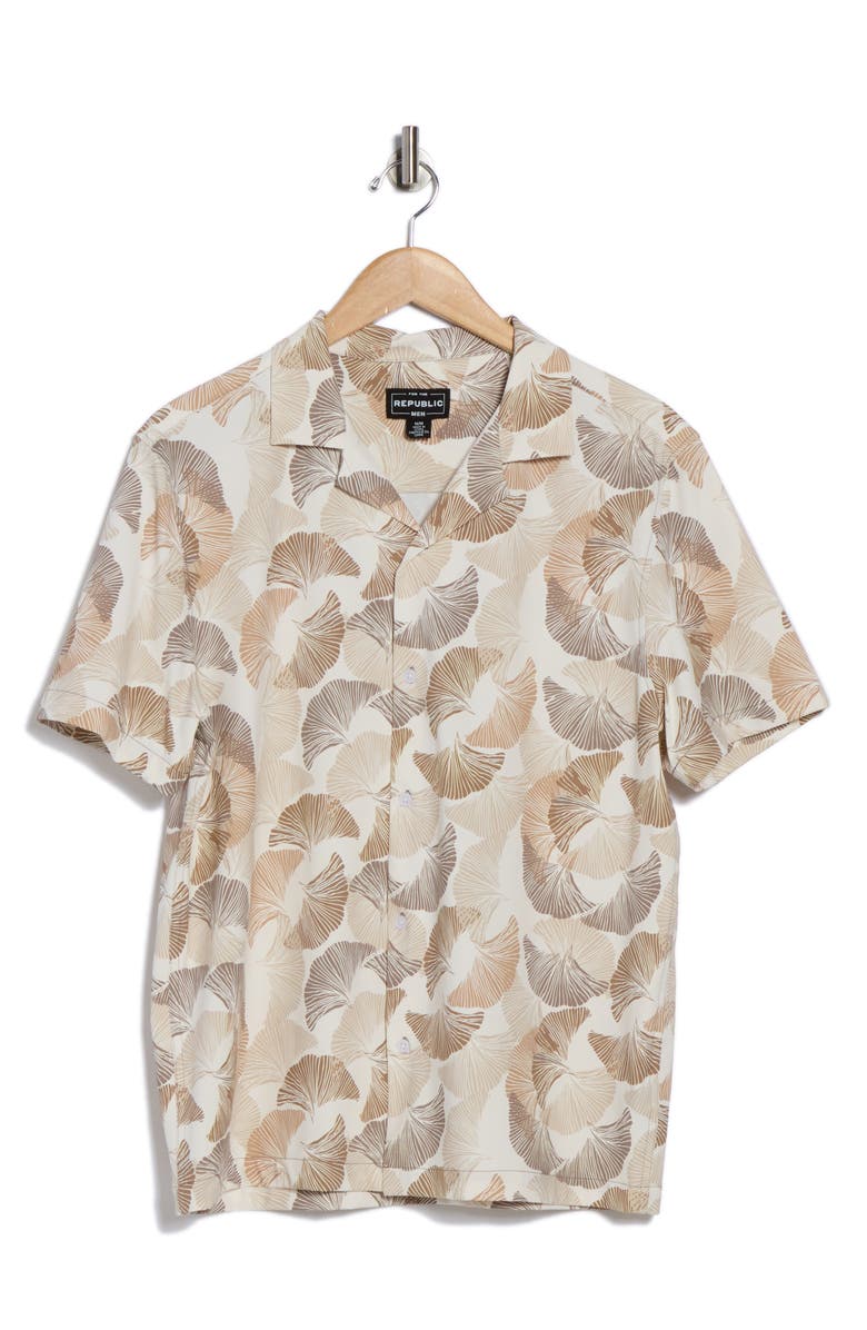 FOR THE REPUBLIC Leaf Print Camp Shirt, Alternate, color, Print Ivory / Taupe Combo