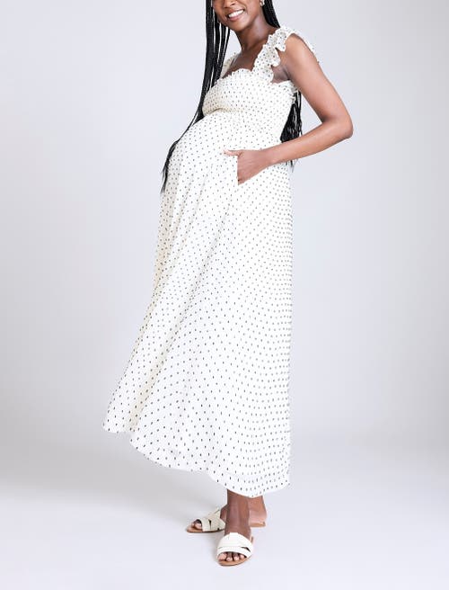 Motherhood Maternity Sleeveless Ruffle Shoulder Smocked Maxi Dress In White & Black Polka Dot